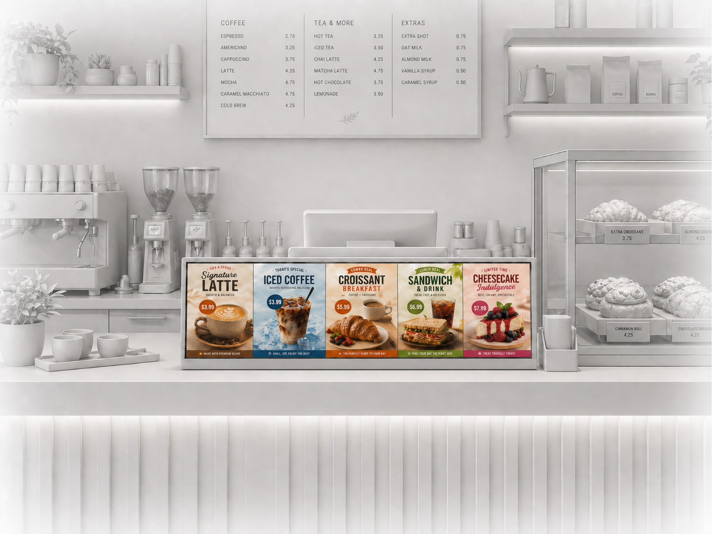 Café counter with Lumic bar menu display