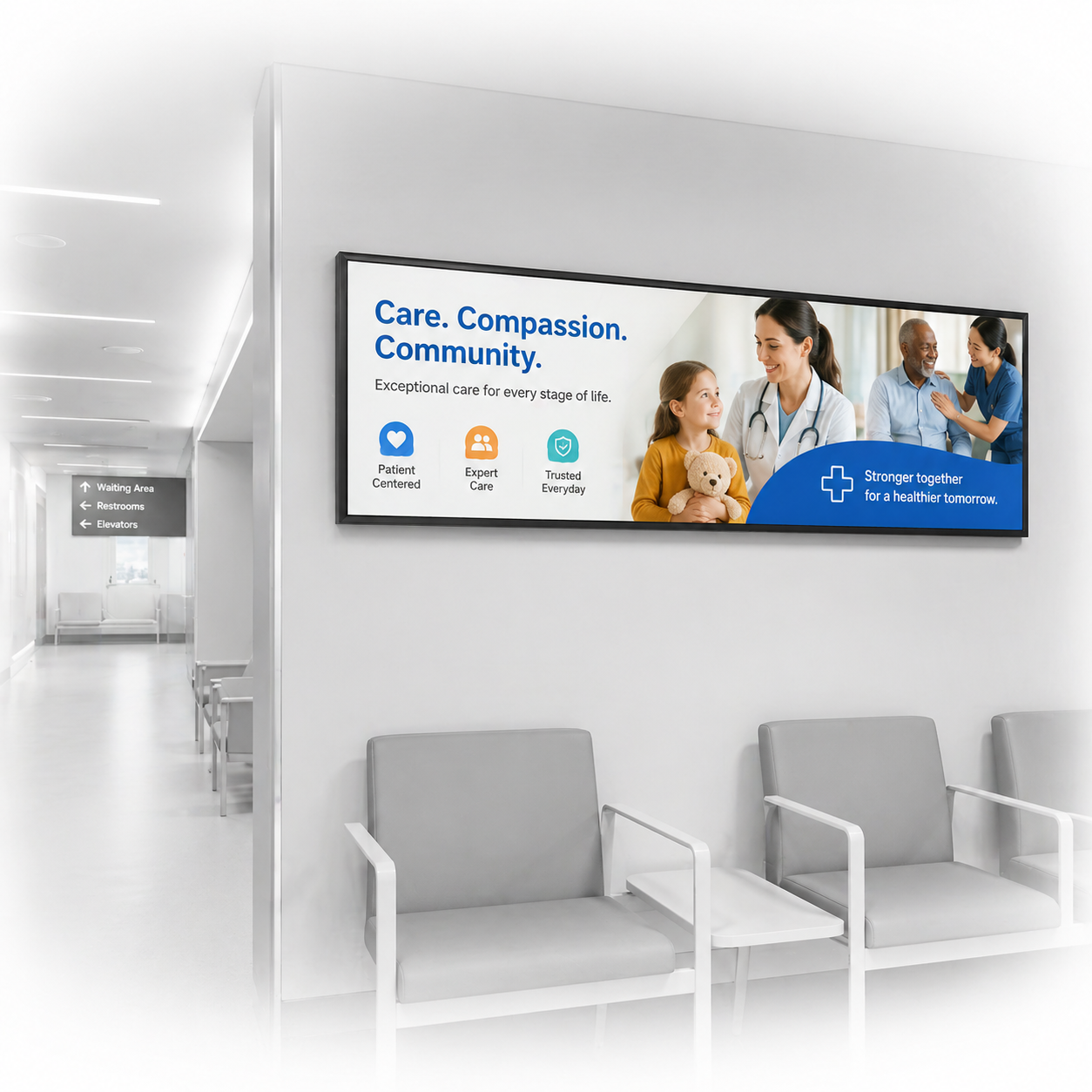 Hospital waiting room with Lumic display